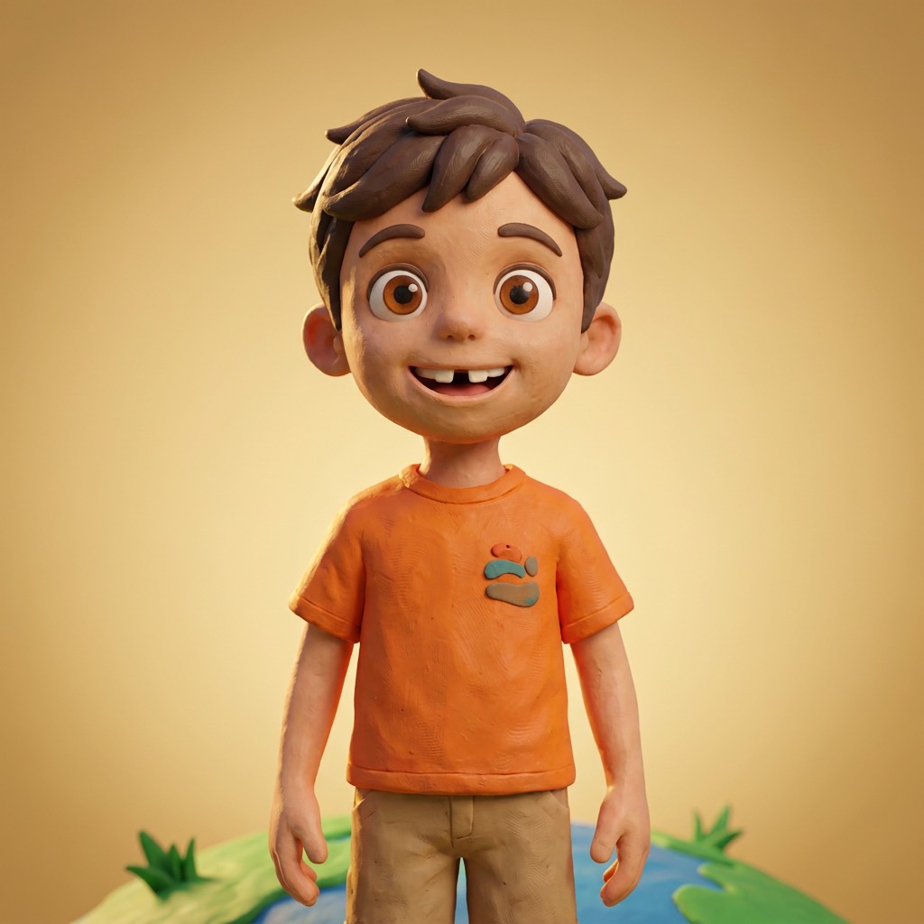Pedrinho, menino de massinha de camiseta laranja, sorrindo com a janelinha no dente