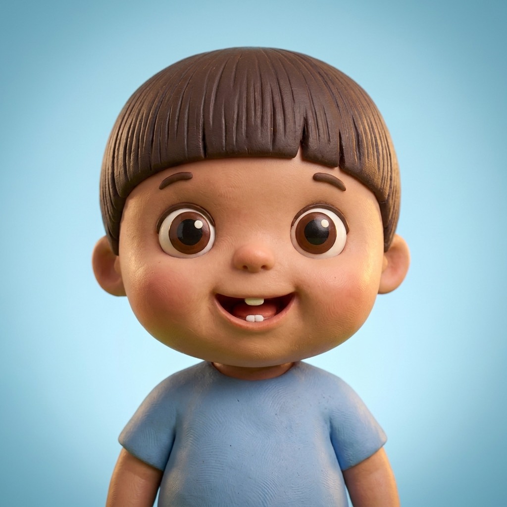 Samir, bebê de massinha de cabelo tigelinha e camiseta azul, dando risada